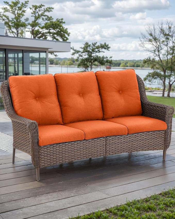 Patio Couch Outdoor Wicker Sofa - Heavy Duty All-Weather Brown Rattan 3-Seater with High Back and Comfortable Thick Cushions for Garden Back Porch Poolside Apartment - Orange