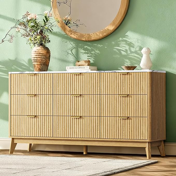 Fluted 9 Drawer Dresser, 57" Wide Chest of Drawers with Faux Marble Top,Modern Dresser TV Stand, Wood Closet Clothes Storage Organizer with Curved Edges for Bedroom, Living Room, Natural