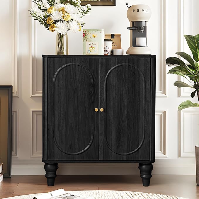 ORRD Fluted Storage Cabinet, Modern Credenza Wooden Accent Sideboard Buffet Cabinet with Adjustable Shelves and Solid Wood Legs, Console Table for Kitchen Dining Living Room Entryway, Black