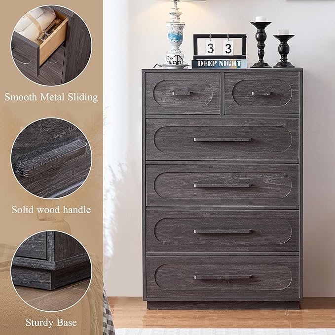 Gray 6 Drawer Dresser for Bedroom, 44" Tall Dressers & Chest of Drawers w/Solid Wood Handle, Wood Mid Century Closet Organizers and Storage Cabinet for Bedroom, Living Room, Hallway, Gray