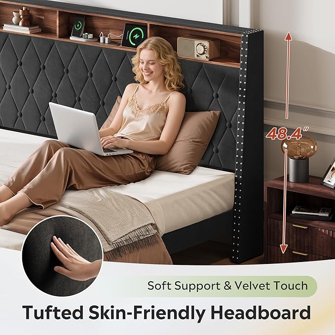 WLIVE King Size Upholstered Bed Frame with Storage Headboard, Velvet Square Tufted Platform Bed with Charging Station, Sturdy Metal & Wooden Slats Support, No Box Spring Needed, Black