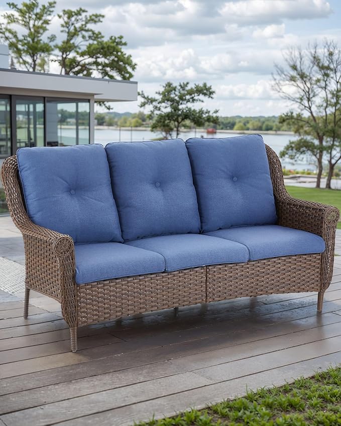 Patio Couch Outdoor Wicker Sofa - Heavy Duty All-Weather Brown Rattan 3-Seater with High Back and Comfortable Thick Cushions for Garden Back Porch Poolside Apartment - Navy Blue