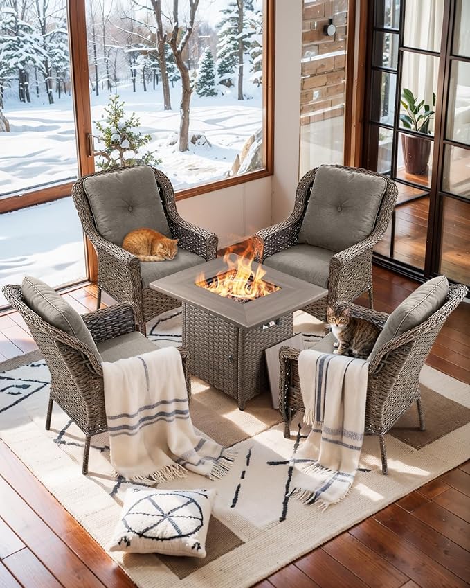 Outdoor Patio Chairs with Fire Pit Table 5 Piece Set - High Back Brown Wicker Rattan Lawn Chair with Thick Cushion for Porch Apartment Deck Yard Poolside Garden - Grey