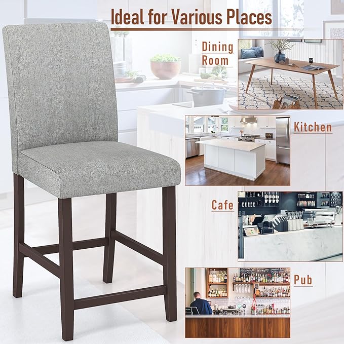 COSTWAY Counter Height Bar Stools Set of 2, 24'' Upholstered Mid Century Modern Island Chairs with Rubber Wood Legs, Wooden Barstools for Kitchen, Dining Room, Bar, Restaurant (Light Grey)