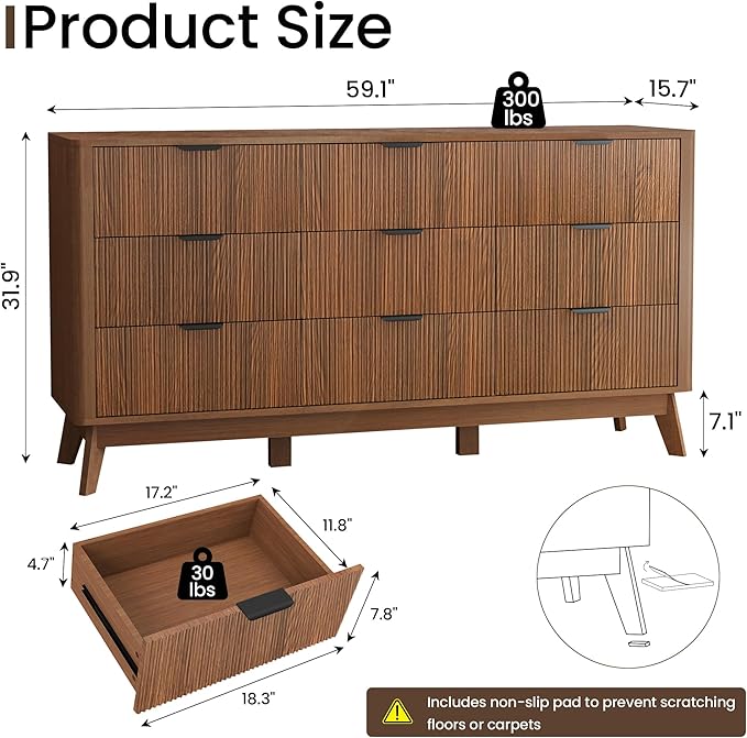 SUNWAVE Fluted 9 Drawer Dresser for Bedroom, 59.1" Wide Modern Large Dresser with Round Corner, Wood Drawer TV Stand for Living Room