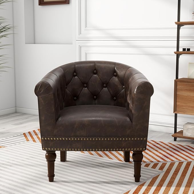 Pia Ricco Faux Leather Barrel Accent Chair, Comfy Club Armchair with Solid Wood Legs, Nailhead Trim Upholstered Single Sofa Chair for Living Room Bedroom/Reading Room, Chocolate, Set of 2
