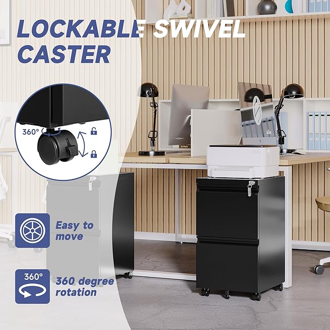 Rolling File Cabinet with Lock, 2 Drawer Metal Mobile Office Filing Cabinet Under Desk for Legal/Letter Size(Assembly Required)