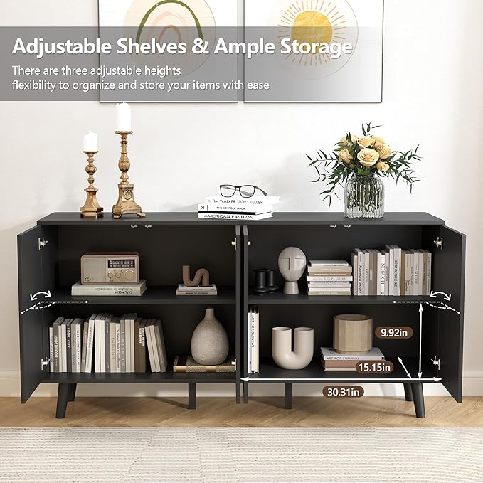 59" Buffet Cabinet with Storage, Modern Accent Sideboard Storage Cabinet with 4 Doors & Carving Lines, Wooden Coffee Bar Table Console for Living Room Kitchen Office and Hallway (Black)