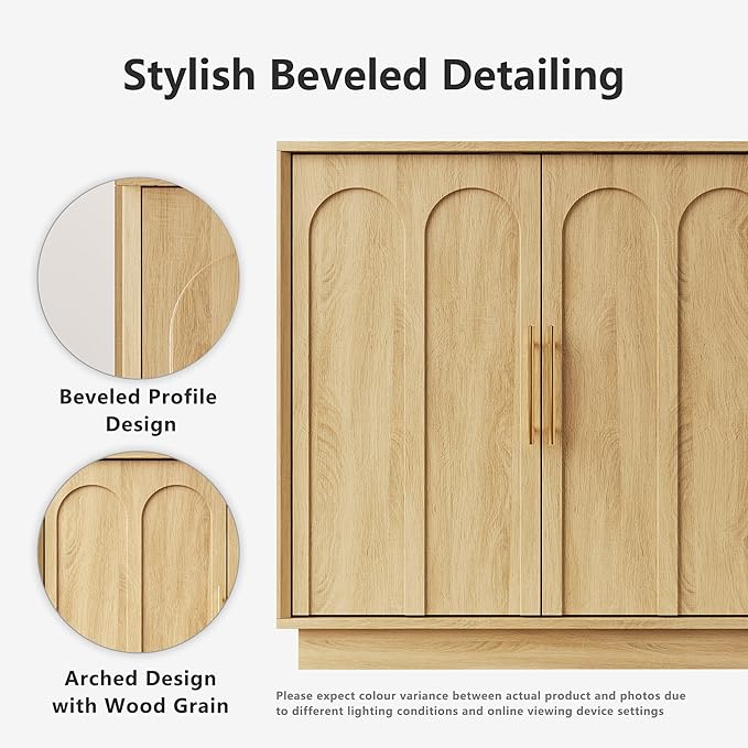 Sideboard Buffet Cabinet with Storage, Modern Accent Cabinet with Arched Doors, Boho Modular Media Console, 31.5" Minimalist Credenza for Living Room Kitchen Dining Room Entryway, Oak