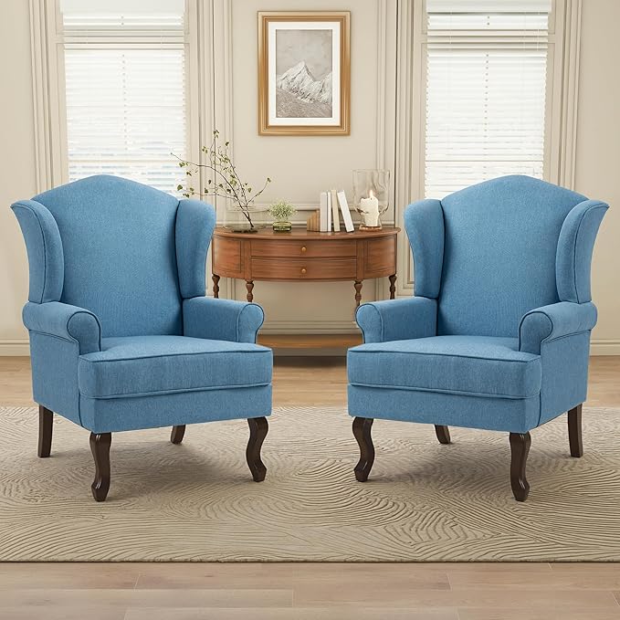 Pia Ricco High Back Floral Accent Chair, Upholstered Fabric Armchair with Solid Wood Legs - Retro Living Room Reading Chair, Comfortable Single Sofa Seat-Ocean Blue