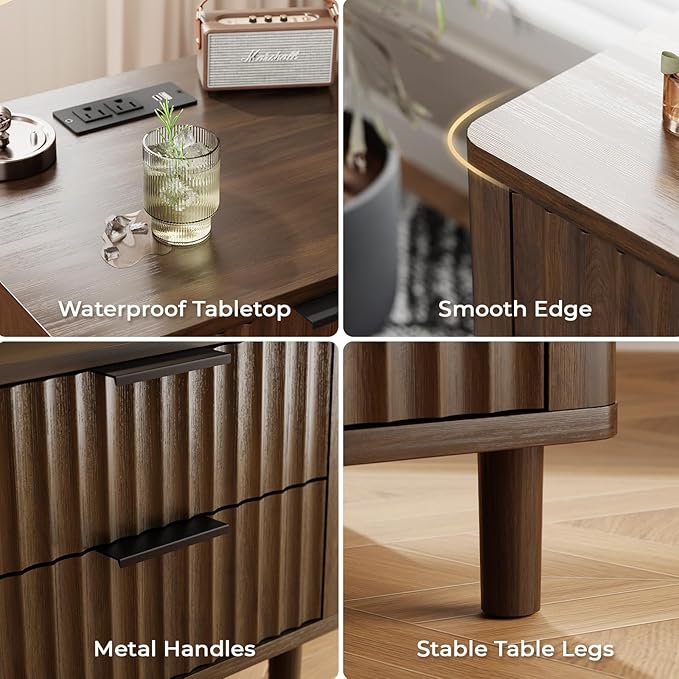 Fluted Nightstand with Charging Station, Multifunctional 3 Drawers Storage Bedside Table, Solid Wood Modern Nightstand, Curved Profile Design, End Table for Indoor Room Bedroom Office, Walnut