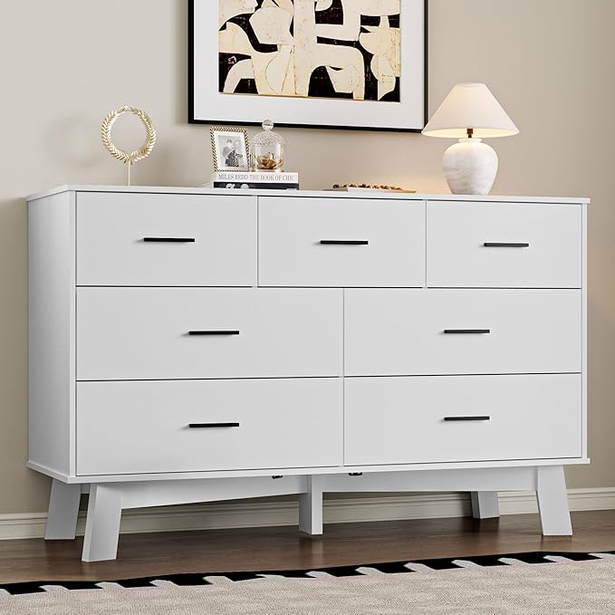 Dresser for Bedroom with 7-Drawer, 47.2" Wide Modern Chest of Drawers with Metal Handles, X-Shape Base & Adjustable Center Leg, Anti-Tip Closet Organizers and Storage