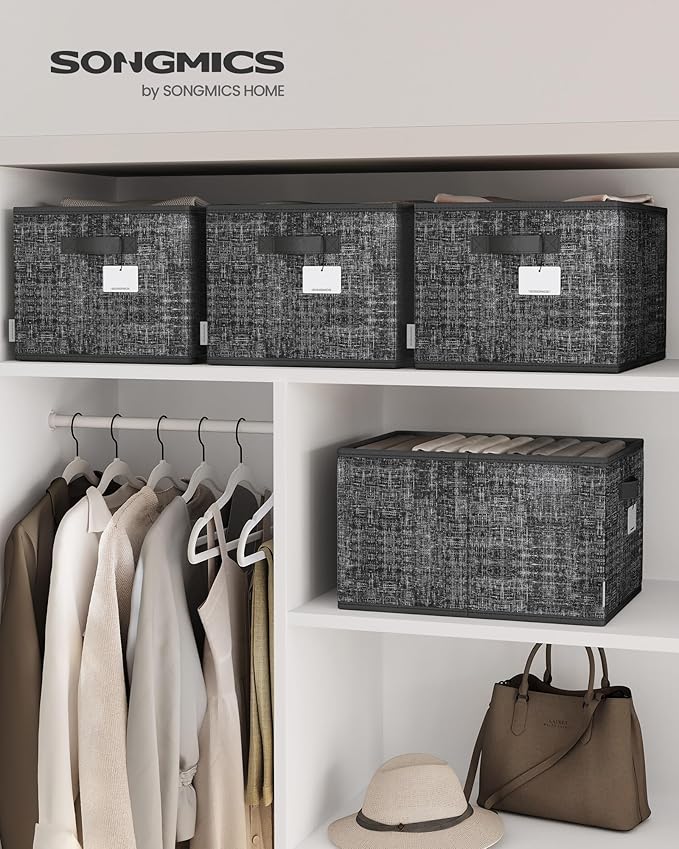 SONGMICS Storage Cubes, 15.7 x 11.8 x 9.5 Inches Non-Woven Fabric Bins with Double Handles, Set of 3, Closet Organizers for Shelves, Foldable, for Clothes, Ink Black UROB440B01
