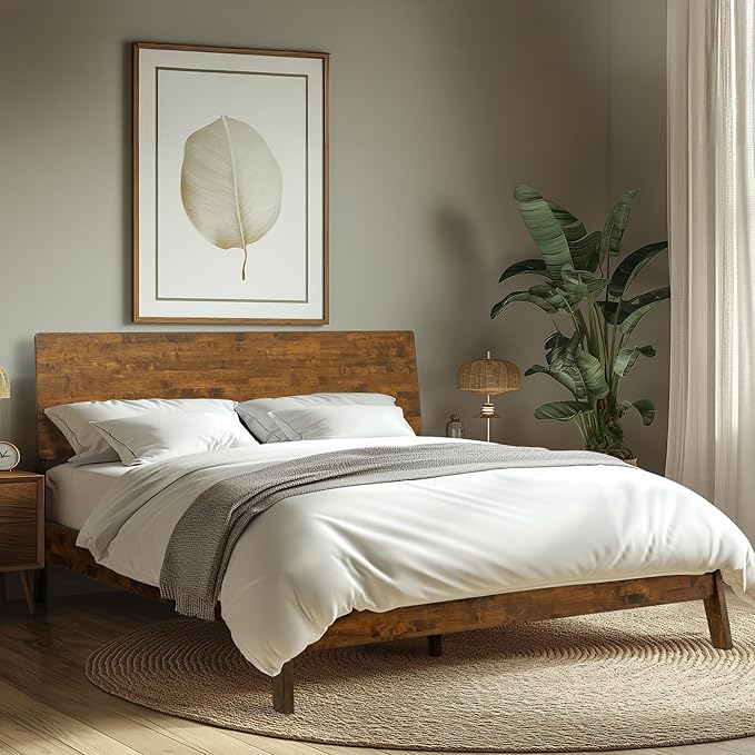Acacia Serenity Bed Frame with Headboard Solid Wood Platform Bed, Queen Bed Frame, Tall Headboard Wood Bed Compatible with All Mattress Types, No Box Spring Needed, Quick & Easy Assembly, Caramel