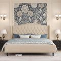 Belffin Queen Bed Frame with Headboard, Luxury Upholstered Velvet Platform Bed with Wingback, Button Tufted & Nailhead Trim, Anti-Slide Tall Footboard, No Box Spring Needed, Noise-Free, Beige