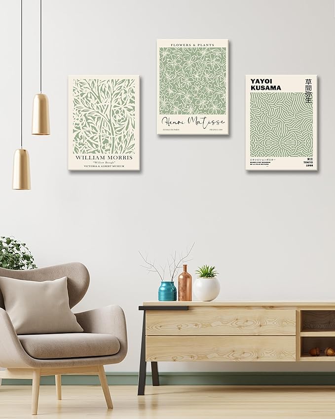 HesenDot Green Botanical Framed Wall Art Set, 12x16in Matisse William Morris Canvas Prints,Minimalist Classic Plants Home Decor for Living Room Bedroom Bathroom Office, Set of 3