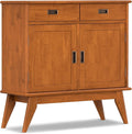SIMPLIHOME Draper Solid Hardwood 36 inch Wide Mid Century Modern Entryway Storage Cabinet in Teak Brown for The Living Room, Entryway and Family Room