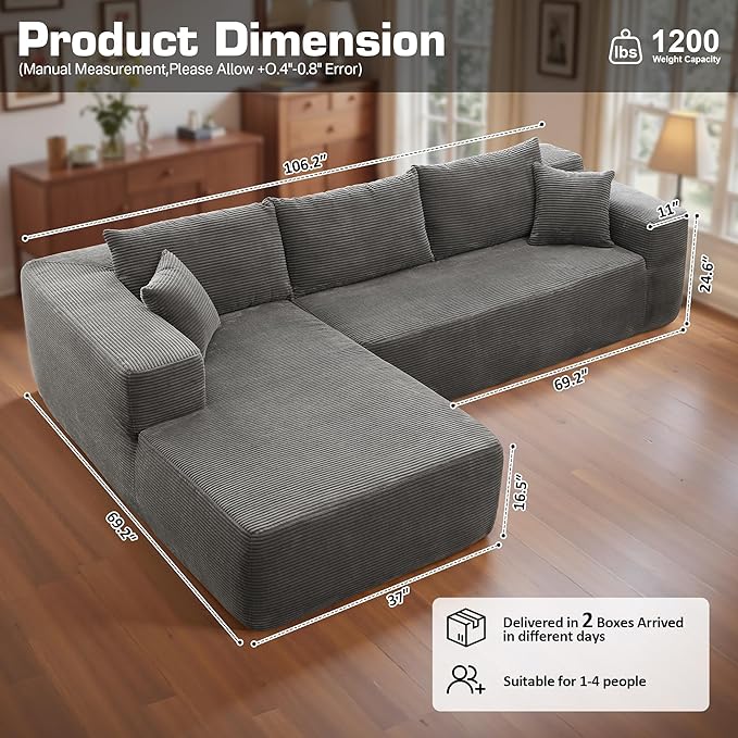 106" Cloud Sectional Couch with Chaise Lounge,L Shaped Modular Modern Sofa,Comfy Corduroy Fluffy Couches with Deep Seat,No Assembly Required Couch for Living Room(Left,Stripe Corduroy,Gray)