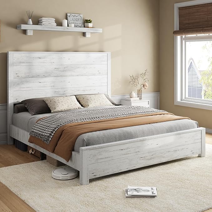 AMERLIFE Queen Size Wood Bed Frame, Rustic 51.2" Platform Bed with Spliced Headboard, Wood Slats Support/Noiseless/No Box Spring Needed, Antique White