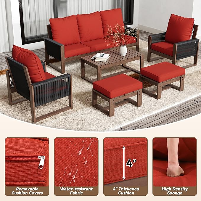 6 Piece Patio Furniture Set with 3-Seat Sofa, 2 Porch Armchairs, 2 Ottoman and 1 Coffee Table Wicker Outdoor Conversation Set for Garden, Terrace, Porch, Balconies, Lawns