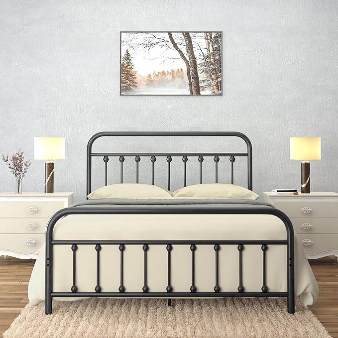 Golden Gate Beds Vintage Style King Size Metal Bed Frame with Wrought Iron Headboard and Footboard – Classic Platform Bed with 11" Storage Space, No Box Spring Required, Black Finish