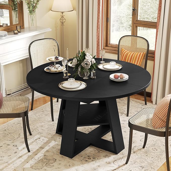 Aivermel 43.3‑59 in Extendable Oval Dining Table for 4‑6, Engineered Wood Round Dining Table with Hidden Extension Storage &Bottom Shelf, Space‑Saving Modern Kitchen Living Room Tables (Vintage Black)