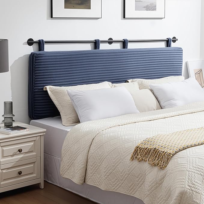 UEV Queen Headboard Only, Wall Mounted Hanging Upholstered Bed Head Board, Modern Vertical Channel Design of Fine Flannel, Elegant Dark Blue Fluted Headboard for Bedroom (Dark Blue, Queen Size)