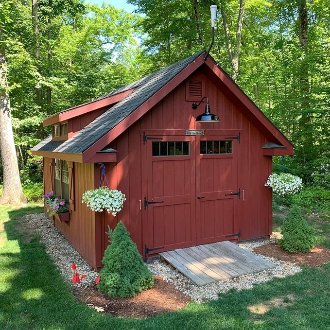 Steel Lighting Co. Gardena Barn Light | Outdoor Wall Mounted | 16" Dome | 23" Gooseneck | Farmhouse Light Made in America | Red Exterior/White Interior