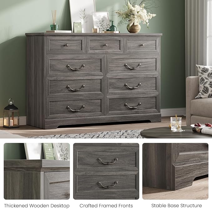 DICTAC Farmhouse 9 Drawers Dresser for Bedroom, Wide Dressers Chest of Drawers, Large Storage Closet Organizer with Natural Texture and Vintage Metal Handle, Wooden Dresser TV Stand for Living Room