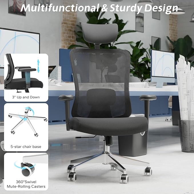 Ergonomic Office Chair, Mesh Desk Chair with Adjustable Headrest and 2D Armrest，Computer Chairs with Lumbar Support, Big and Tall Office Chair 400lbs, Large (01black)
