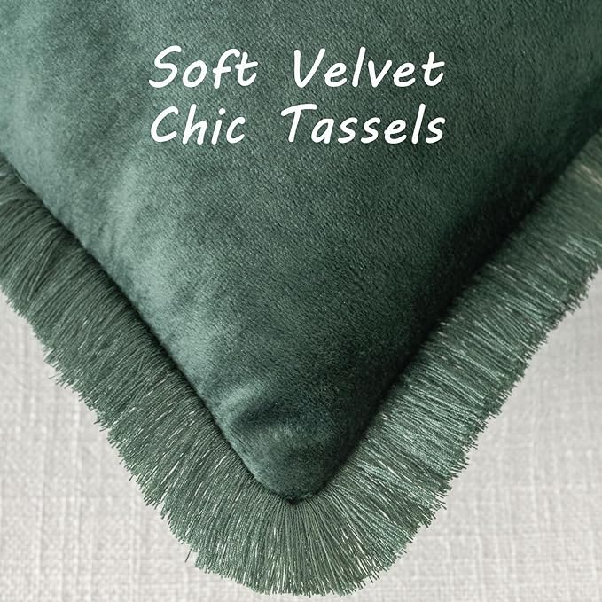 FUTEI Christmas Army Green Velvet Decorative Throw Pillow Covers 20x20 Set of 2,Soft Cozy Edge with Tassels Cushion Case,Boho Modern Home Decor for Couch Bed Living Room