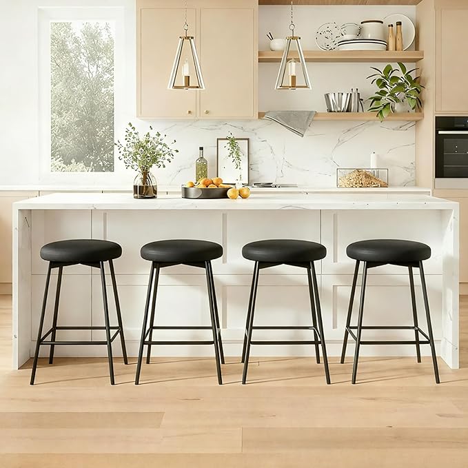 Swivel Bar Stools Set of 2, 24" Counter Height Bar Stool, Backless Barstools with Faux Leather Upholstered Seat&Sturdy Wood Legs for Kitchen Island, Black