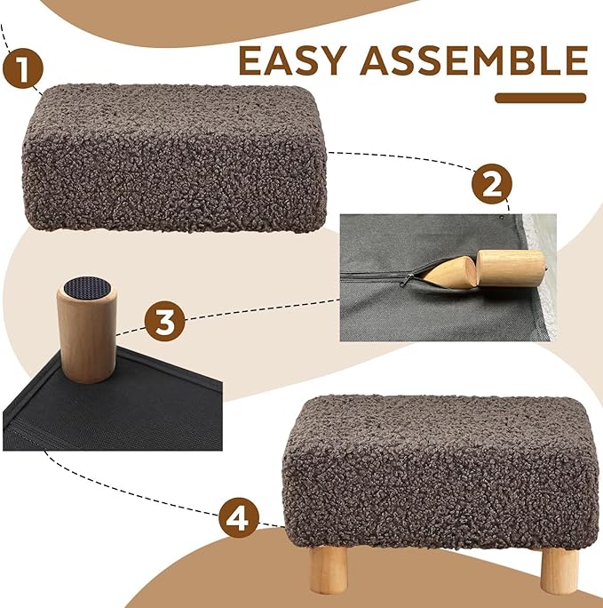 Small Foot Stool Ottoman, Sherpa Footstool Ottoman Foot Rest for Couch, Rectangle Footstools and Ottomans Small for Living Room, Entryway and Bedroom (Brown)
