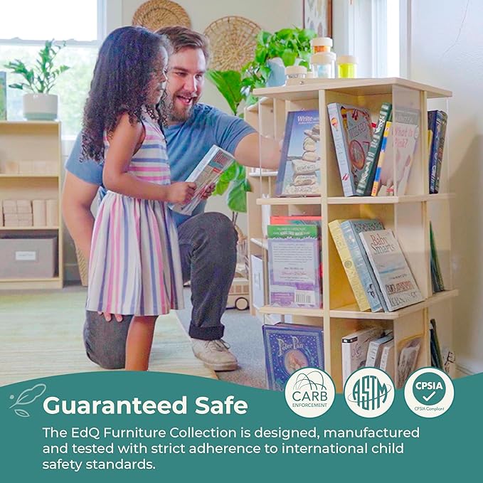 Guidecraft EdQ Kids Rotating Bookshelf: Natural Wood Revolving Bookcase - 360 Degree Spinning Book Shelf Tower with Acrylic Montessori Storage for Classroom, Bedroom and Playroom | Toy Organizer