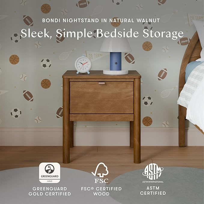 Babyletto Bondi Assembled Nightstand for Kids Bedroom - GREENGUARD Gold Certified Modern Boho Bedside Table with Storage Drawer & Vegan Leather Pull - Versatile Wood Night Stand for Kids & Guest Rooms