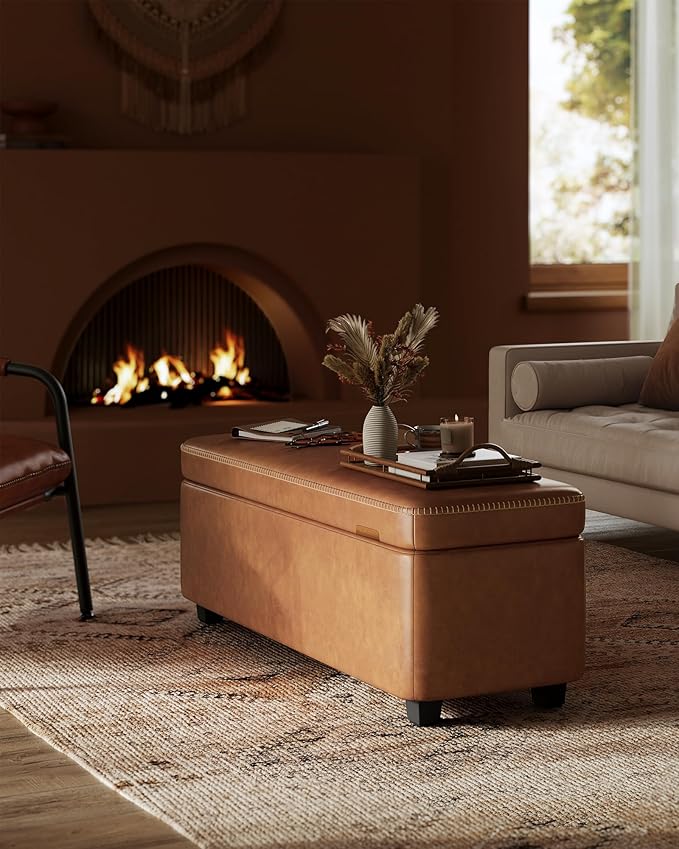 VASAGLE EKHO Collection - Storage Ottoman Bench, Entryway Bedroom Bench, 25 Gallons, Synthetic Leather with Stitching, Mid-Century Modern, Safety Hinges, Loads 660 lb, Caramel Brown ULOM075K01