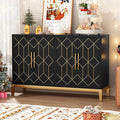 HLR Accent Cabinet with 4 Doors&Shelves, Sideboard Buffet Cabinet with Gold Trim, Modern Black Storage for Living Room, Entryway, Kitchen, Dining Room, Hallway