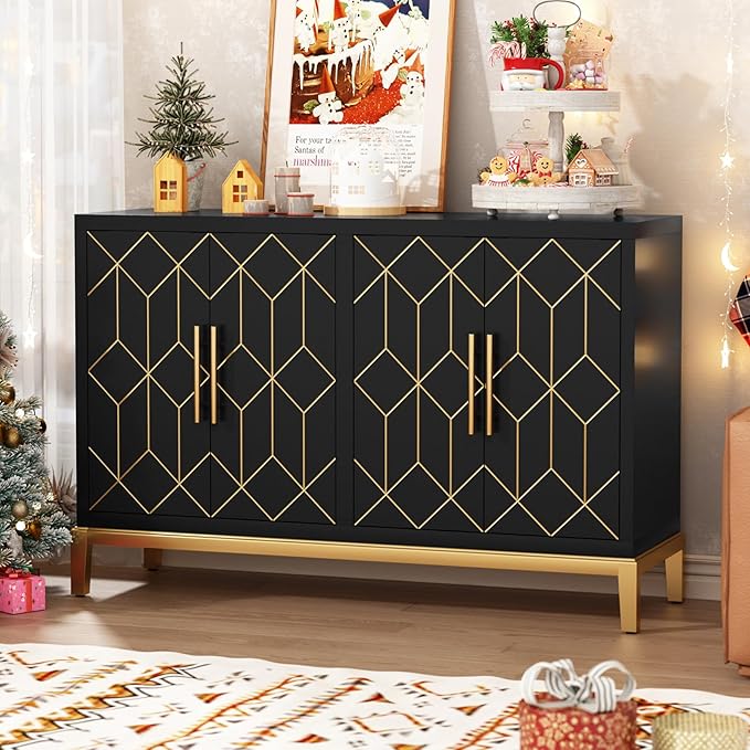 HLR Accent Cabinet with 4 Doors&Shelves, Sideboard Buffet Cabinet with Gold Trim, Modern Black Storage for Living Room, Entryway, Kitchen, Dining Room, Hallway