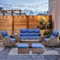 7-Piece Outdoor Wicker Patio Furniture Set with Swivel Glider Chairs, 3-Seat Sofa, Coffee Table & Ottomans 5” Olefin Cushions Ergonomic Neck-Lumbar Backrest All-Weather Rattan for Garden, Deck, Porch