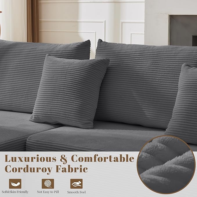 106" Cloud Sectional Couch, Modular Sectional Sofa with L-Shape Chaise, Corduroy Boneless Couch with Deep Seat, Upholstered Sofa for Living Room, No Assembly Required(Left-Facing Chaise, Dark Grey)