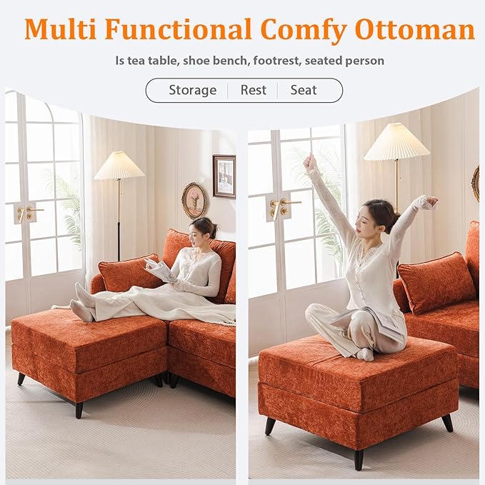 104'' Modular Sectional Sofa with All Seats Storage, Oversized L Shaped Couch for Living Room,3-Seater Comfy Cloud Couches with Movable Ottoman,Big Sectional for Bedroom,Velet,Orange