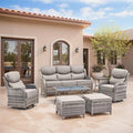 Swivel Patio Chairs sofa Set of 7 with 6" Thick Cushion - Wicker Outdoor Swivel Rocker Patio Chair ,Sofa/Glass coffee table, High Back Comfortable Outdoor Glider Chairs - Gery Wicker | Gery Cushions