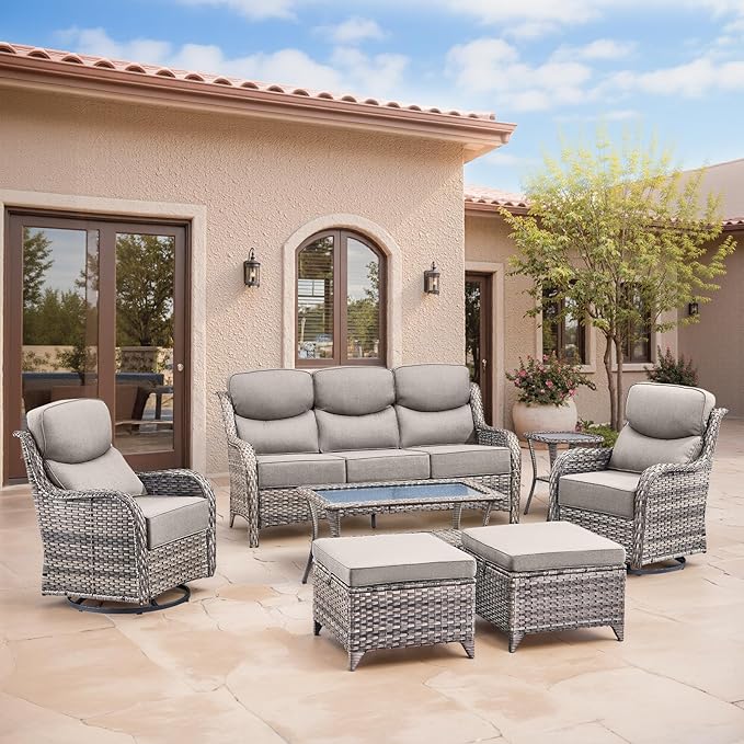 Swivel Patio Chairs sofa Set of 7 with 6" Thick Cushion - Wicker Outdoor Swivel Rocker Patio Chair ,Sofa/Glass coffee table, High Back Comfortable Outdoor Glider Chairs - Gery Wicker | Gery Cushions