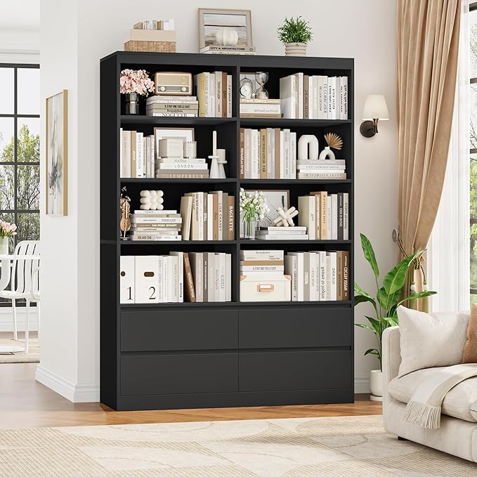 FINETONES 71" Black Bookshelf with Drawers, 47.3" Double Wide Bookshelves and Bookcases with Storage, Tall Bookshelf Large Open Book Shelf Standing Book Case for Home Office, Black