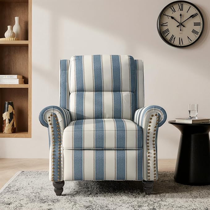 Lumibee Pushback Recliner Chair,Upholstered Wingback Chair for Small Spaces,Floral Fabric for Living Room,Single Sofa Accent Chair Reading Seat for Balcony,Bedroom-Striple Navy