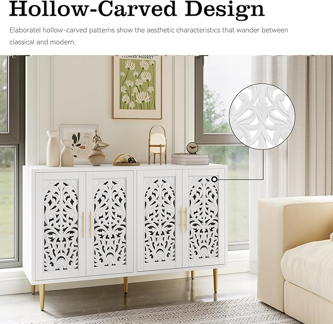ARTPOWER 47.8" Accent Cabinet with 4 Doors, Vintage Hollow Carving Buffet Cabinet, Sideboards and Buffets with Storage, Credenza for Living Room, Kitchen, Dining Room, Entryway, Hallway, White