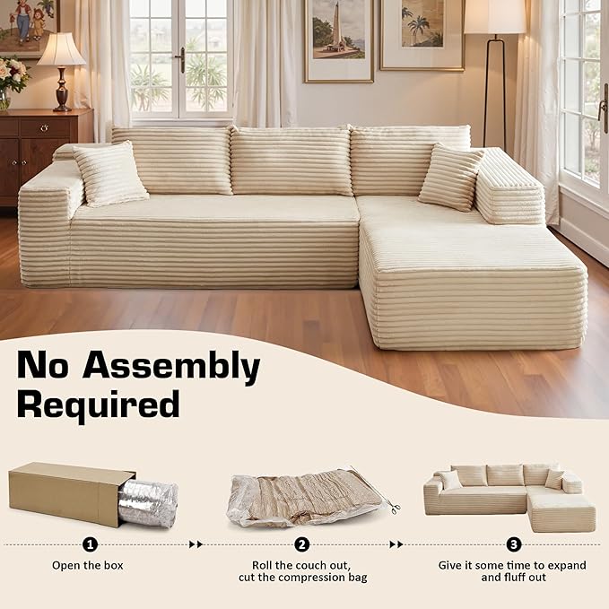 106" Cloud Sectional Couch with Chaise Lounge,L Shaped Modular Modern Sofa,Comfy Corduroy Fluffy Couches with Deep Seat,No Assembly Required Couch for Living Room(Right,Plush Corduroy,Beige)