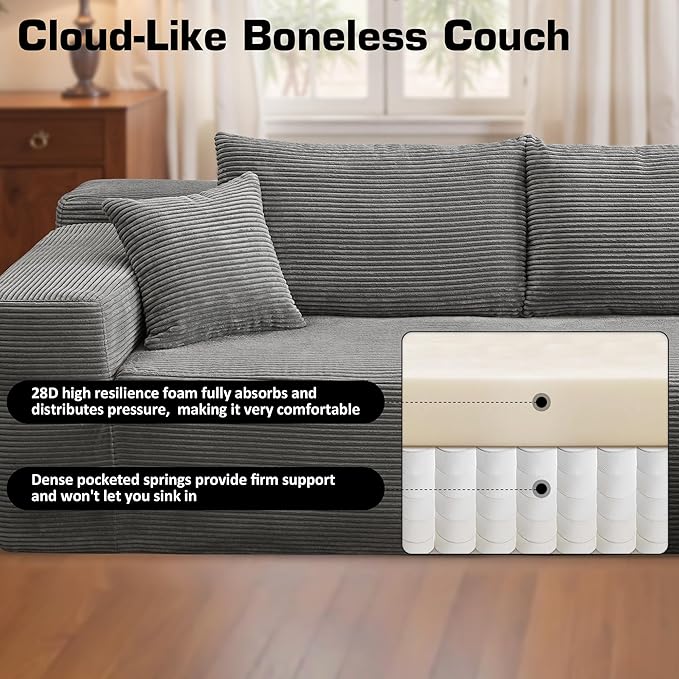 106" Cloud Sectional Couch with Chaise Lounge,L Shaped Modular Modern Sofa,Comfy Corduroy Fluffy Couches with Deep Seat,No Assembly Required Couch for Living Room(Right,Stripe Corduroy,Gray)