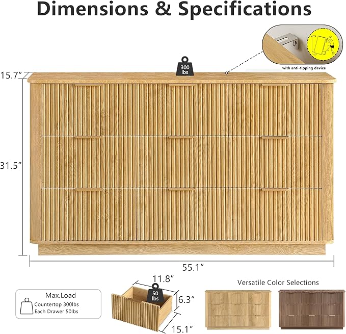 win2win 9 Drawer Dresser, Mid Century Modern Dresser with Storage, 55" Wide Fluted Chest of Drawers with Faux Marble Top, Dressers TV Stand, Drawers Organizer for Bedroom, Living Room, Hallway Oak