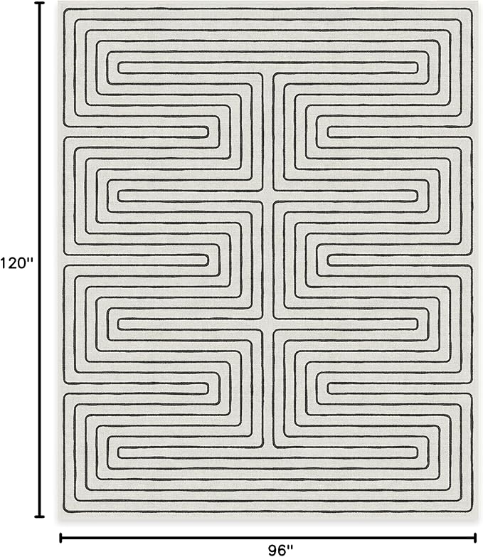 RUGGABLE x Jonathan Adler Machine Washable Modern Area Rug – Labyrinth Black/Ivory 8x10, Stain-Resistant, Non-Slip – Large Rugs for Living Room, Bedroom, Hallway, Entryway & Office–with Standard Pad